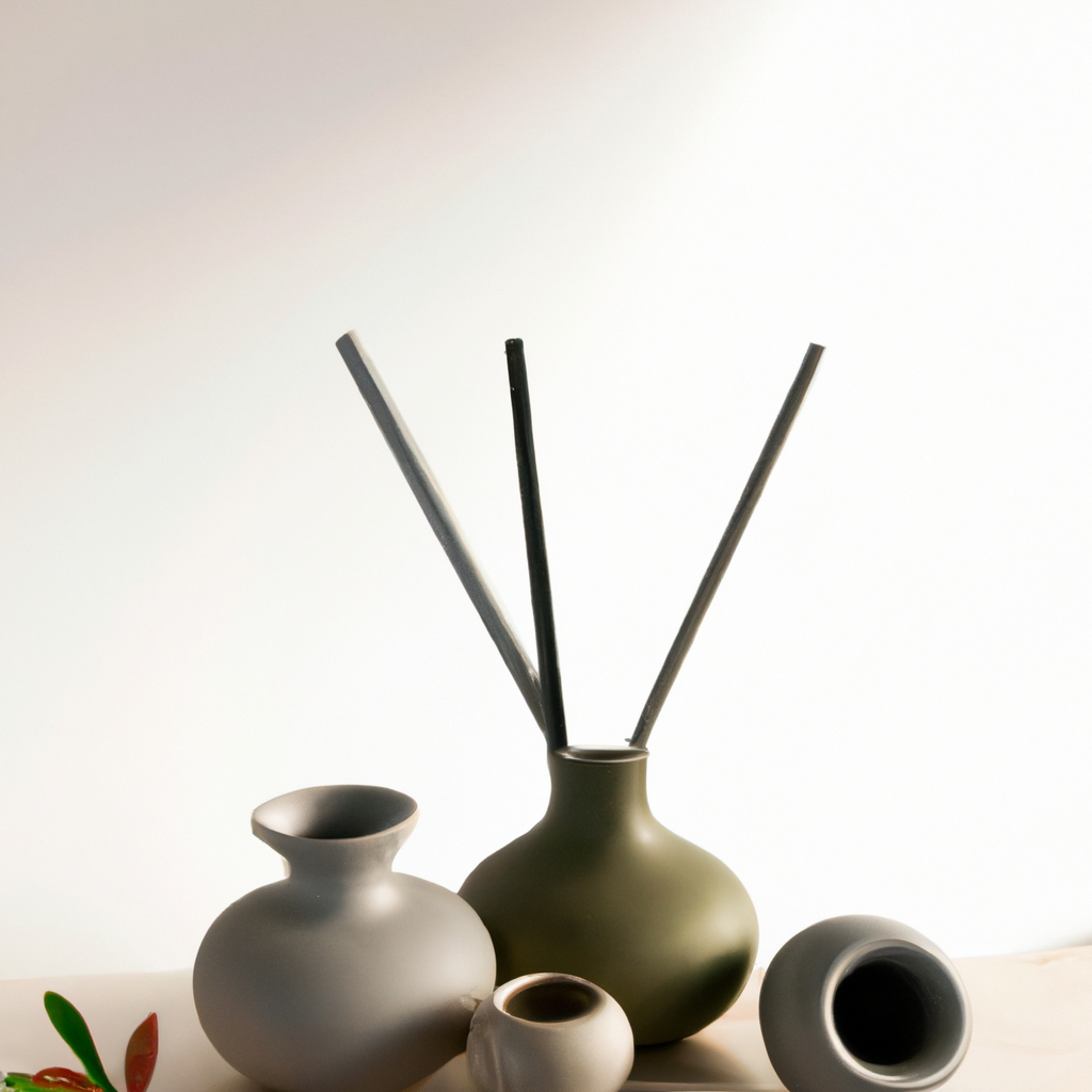 Esquina de estudio floral minimalista con herramientas y jarrones, tonos neutros, sombras suaves