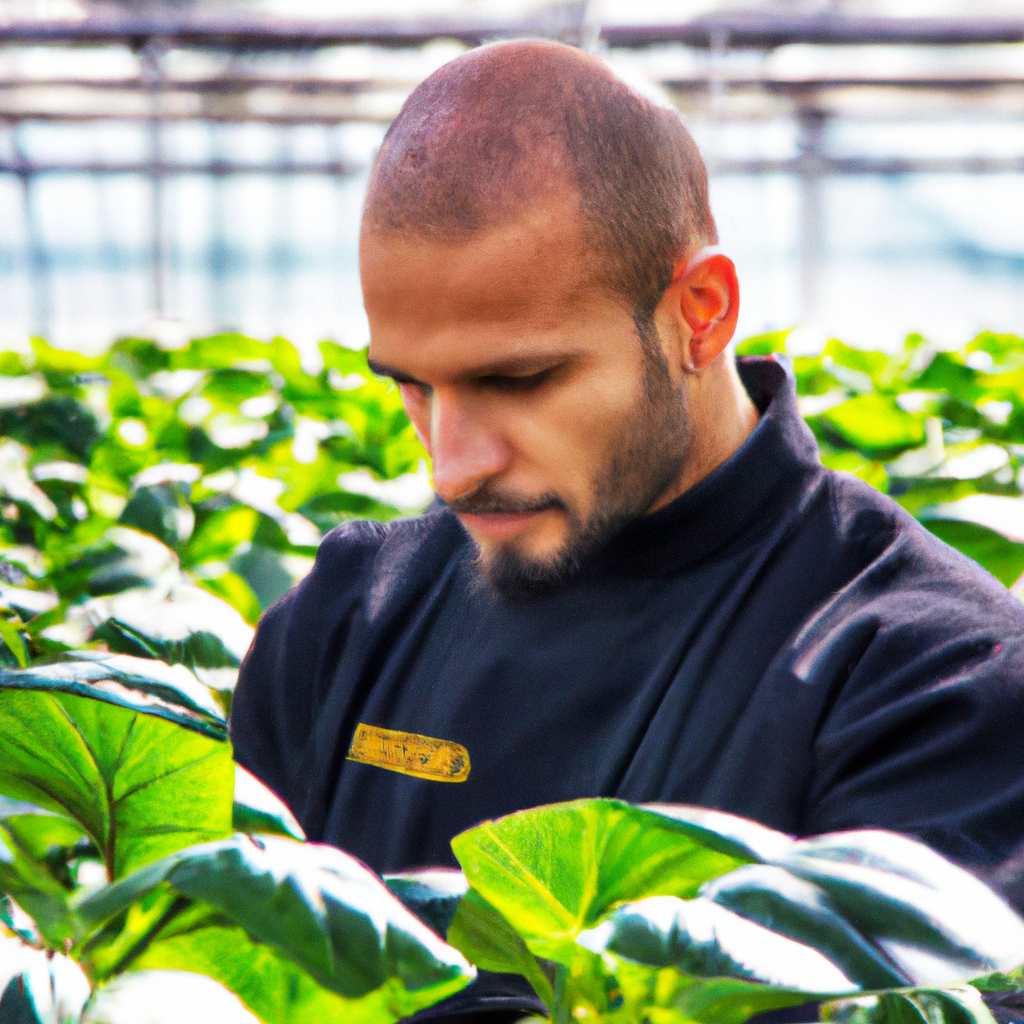 Retrato de asesor en invernadero con plantas, notas de sostenibilidad, luz de mañana, detalle alto