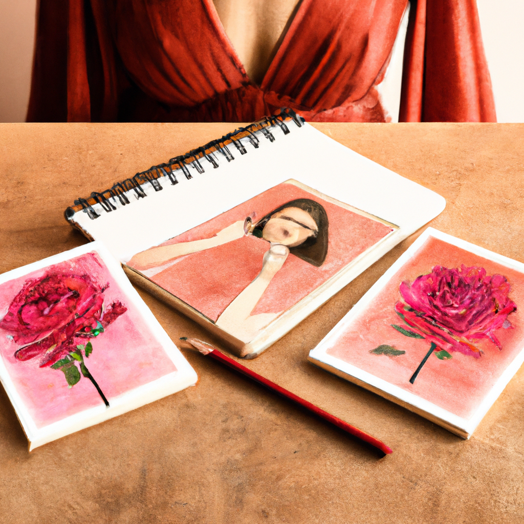 Retrato de diseñadora con cuaderno y paleta de flores, sombras suaves, detalle alto