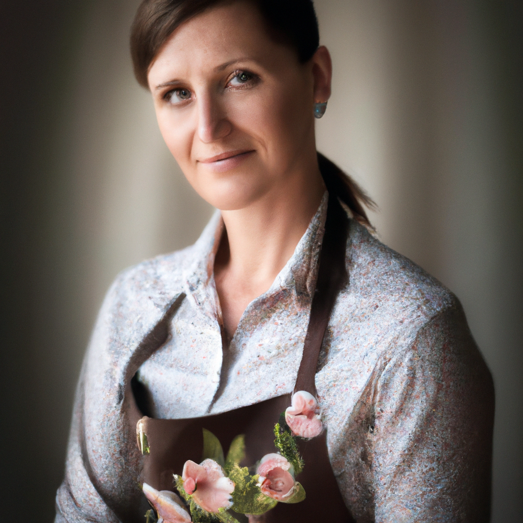 Retrato de una florista en estudio con luz suave, delantal, fondo neutro